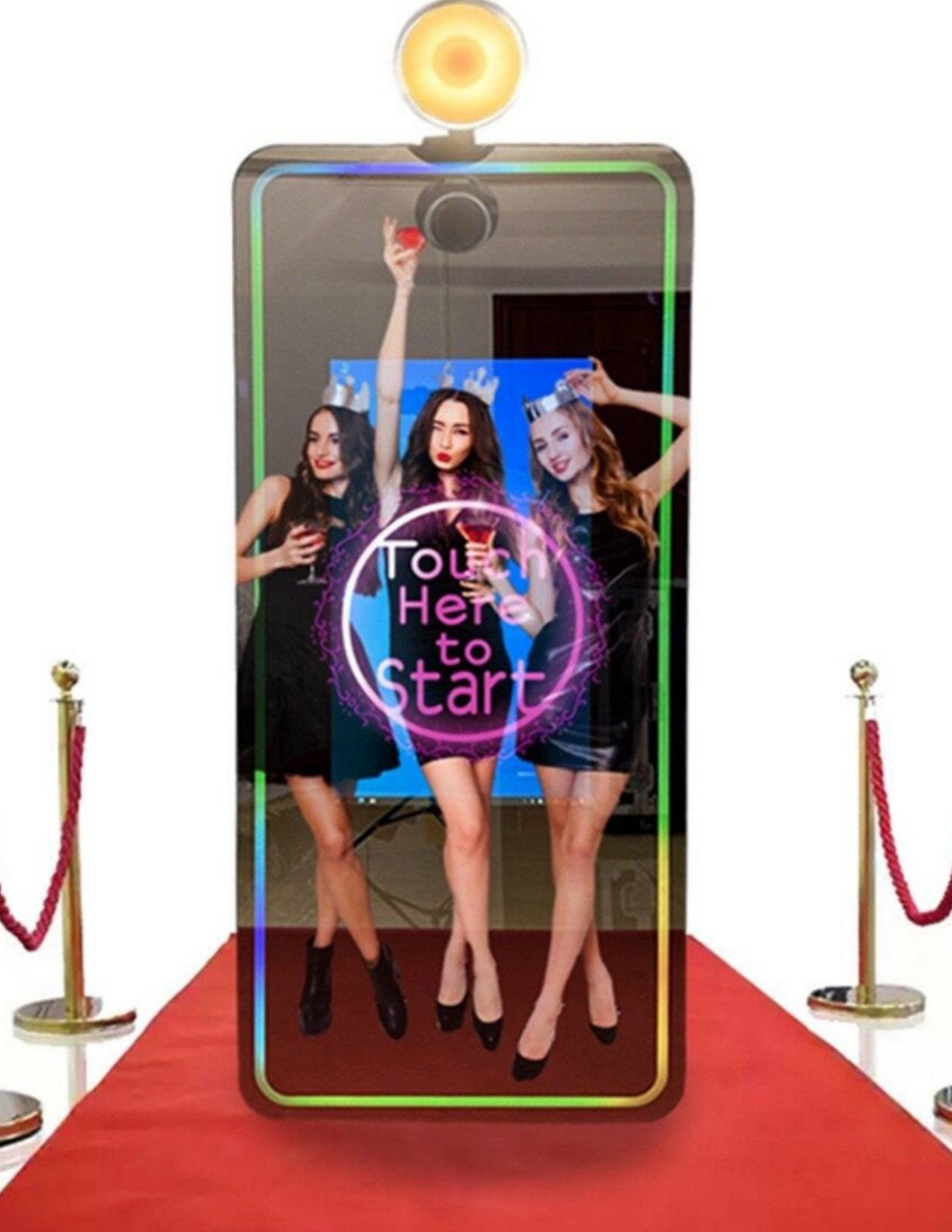 Unlimited photo booth service with red carpet and gold stanchions